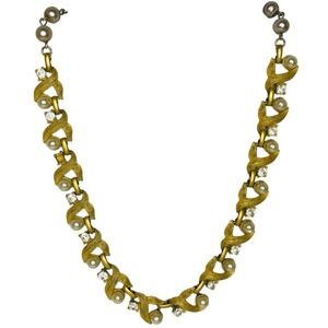 Vintage Gold Tone Chain Pearl Crystal Faux Diamonds Swirl Necklace Choker